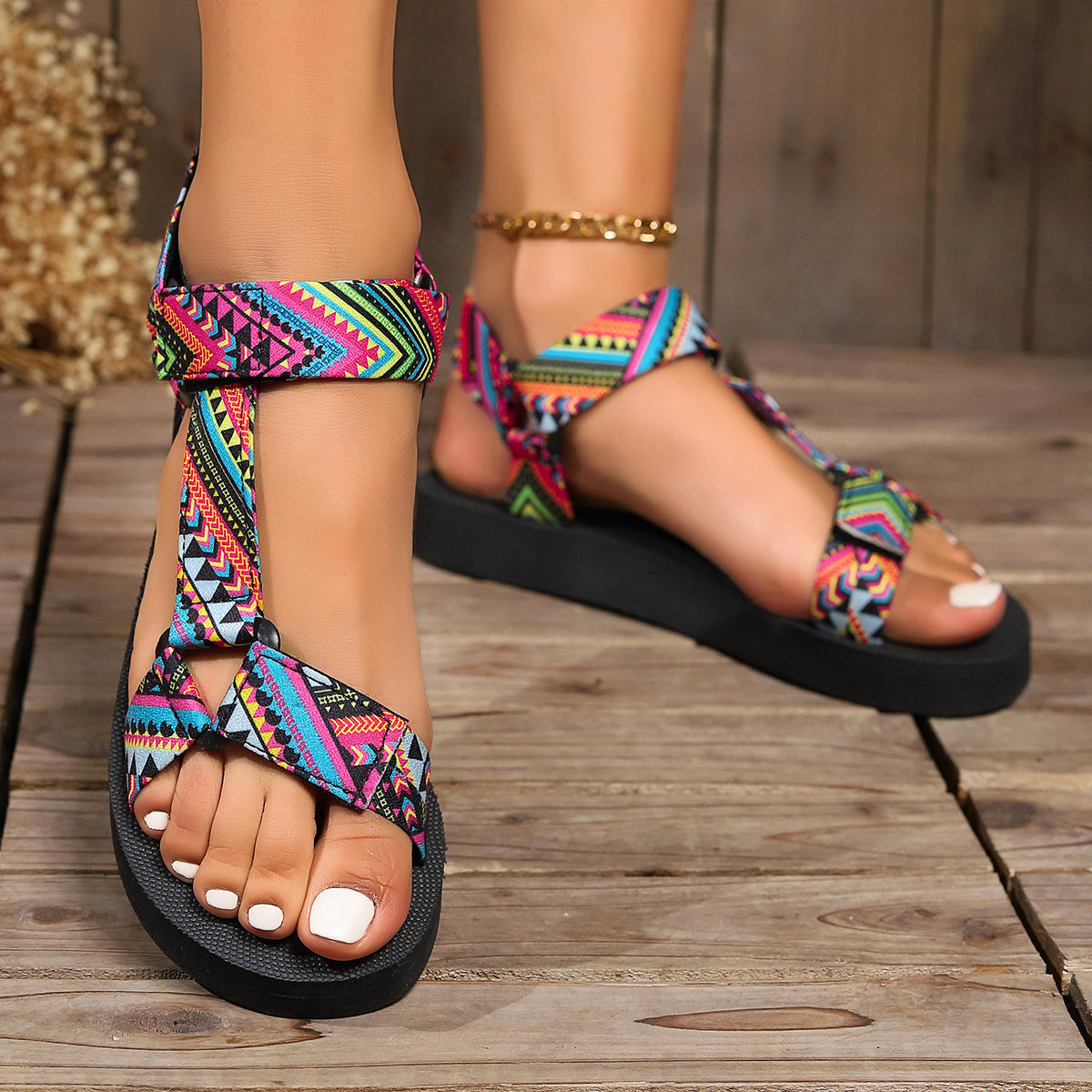 Velcro-design Sandals Summer Ethnic Style Thick Flat Sandals Women's Fashion Casual Beach Shoes