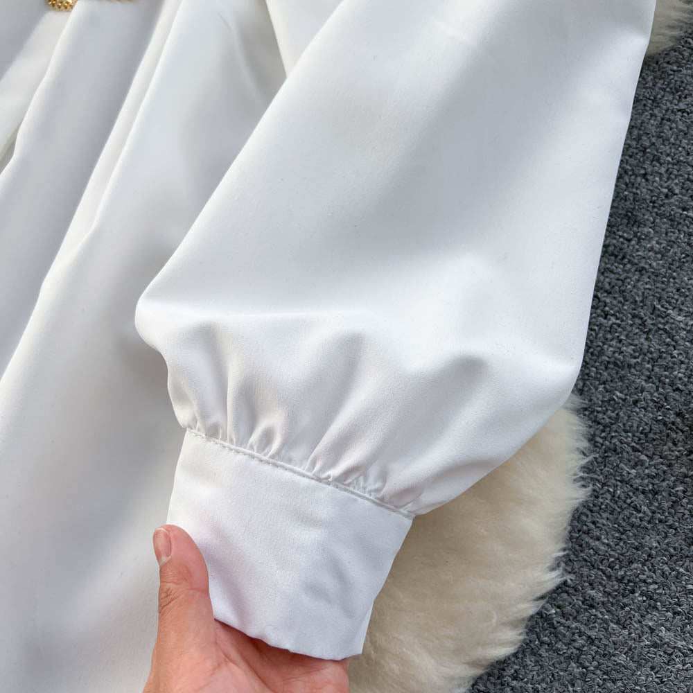 Metal Buckle White Shirt Dress