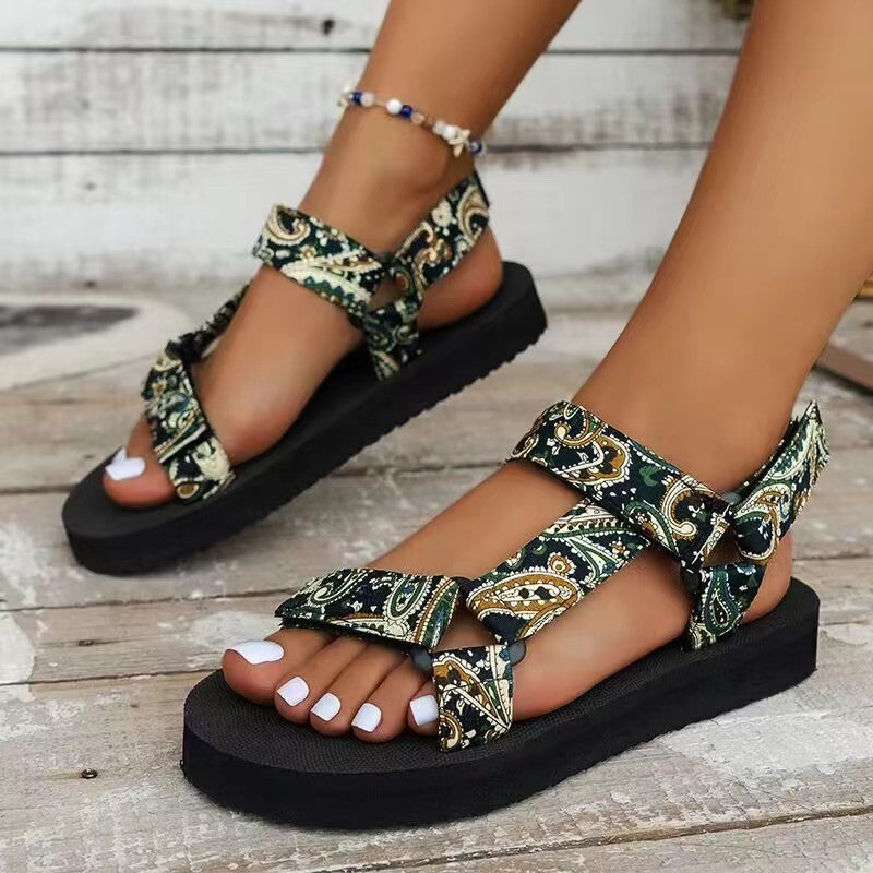 Velcro-design Sandals Summer Ethnic Style Thick Flat Sandals Women's Fashion Casual Beach Shoes