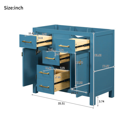 36'' Bathroon Vanity Without, Modern Freestanding Single Bathroom Cabinet With 4 Drawers & 2 Cabinets,Storage Cabinet For Bathroom, Solid Wood Frame Vanity Only, Blue