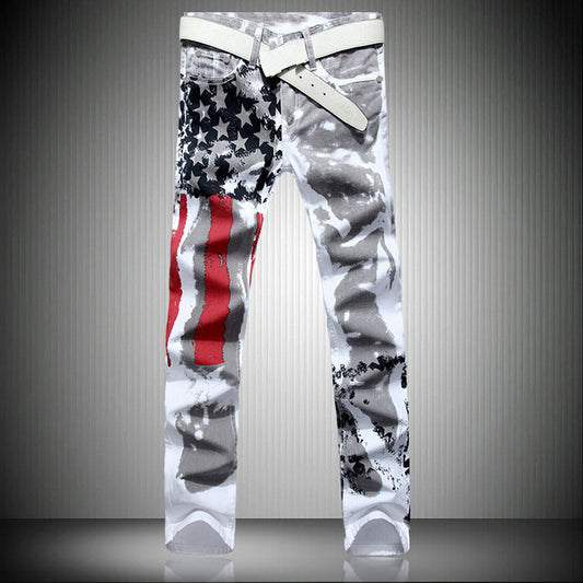 New Years Printed Jeans High Elastic Slim Fit Men Plus Size Pants