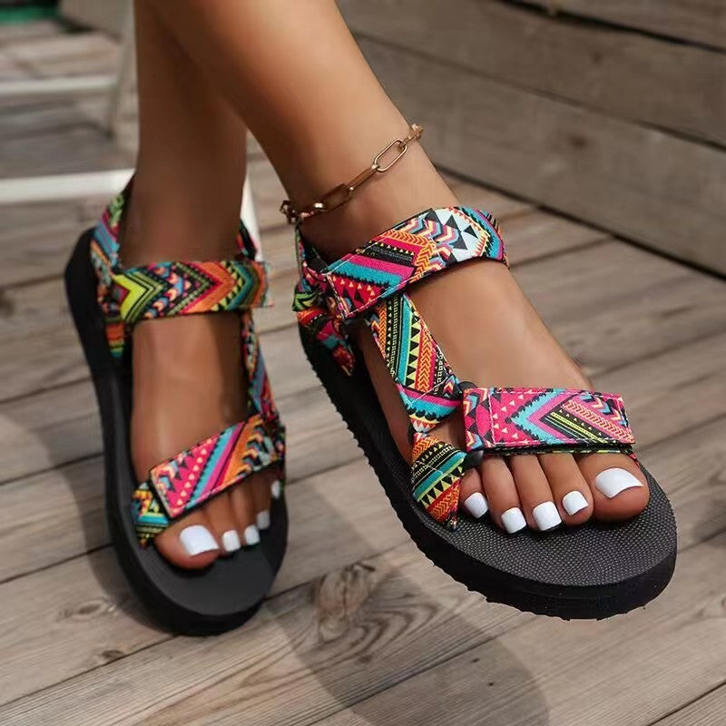 Velcro-design Sandals Summer Ethnic Style Thick Flat Sandals Women's Fashion Casual Beach Shoes