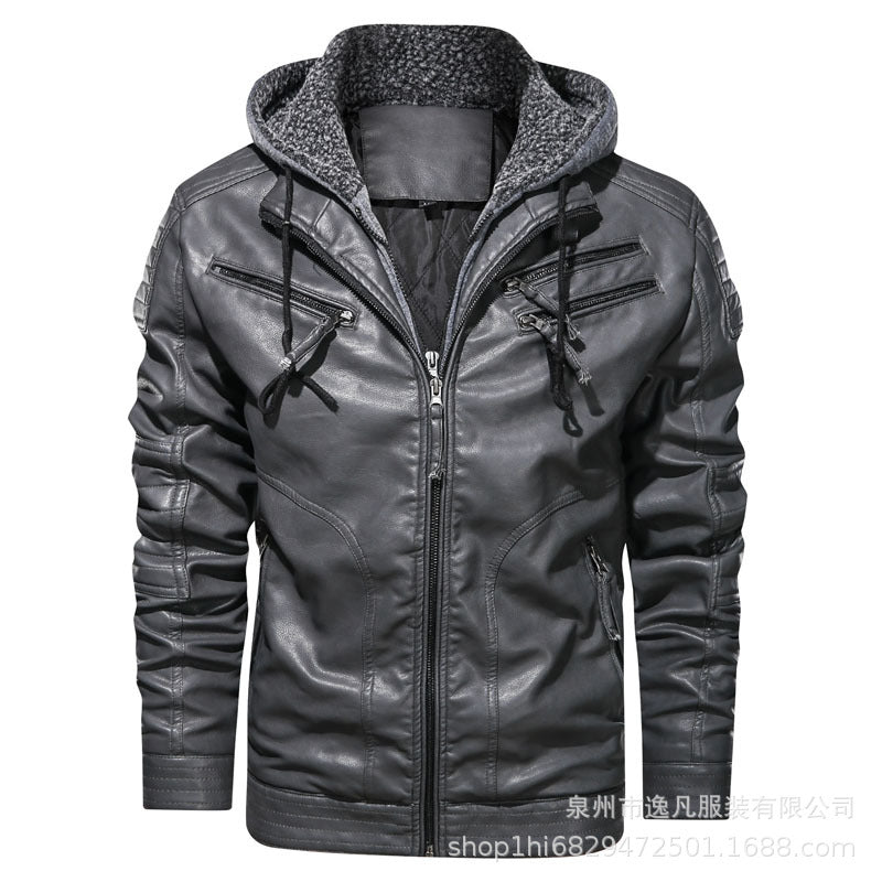 'Men's Leather Coat Hooded Cotton Addition Leather Jacket Coat