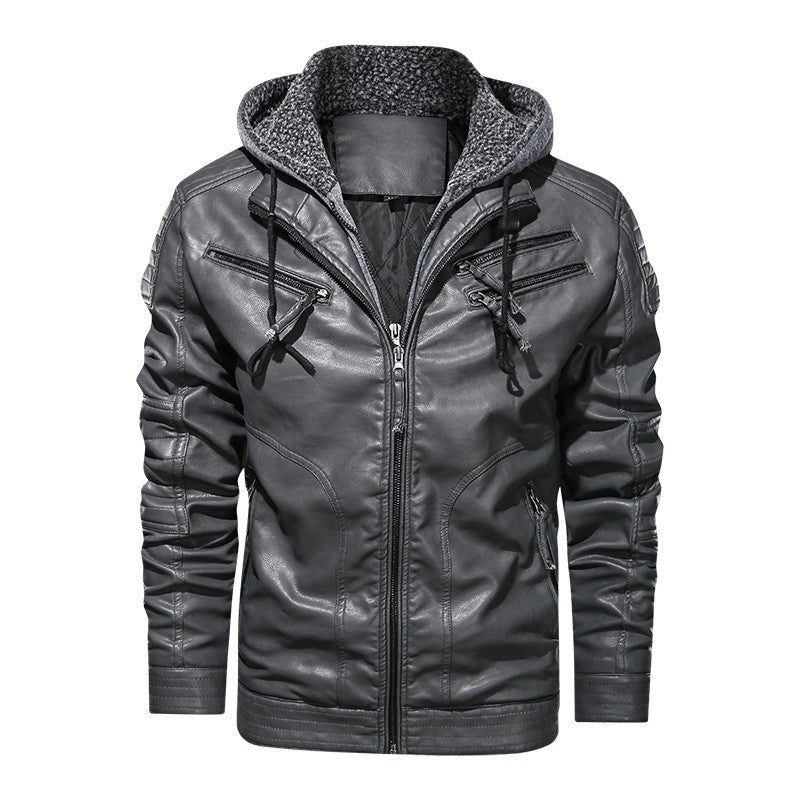 'Men's Leather Coat Hooded Cotton Addition Leather Jacket Coat