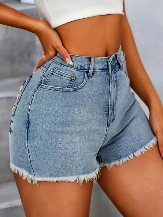 Women's High-Waist Embroidered Jeans Wide-Leg Full-Length Jeans With A Mystic Eye Embroidery Dark-Wash Denim For A Bohemian Look shorts