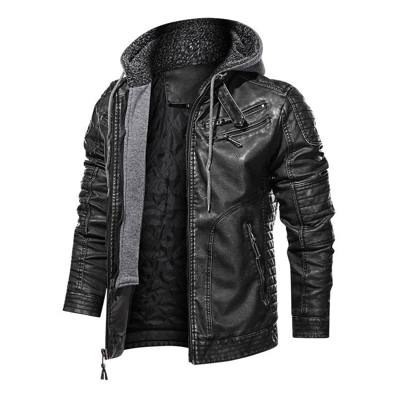 'Men's Leather Coat Hooded Cotton Addition Leather Jacket Coat