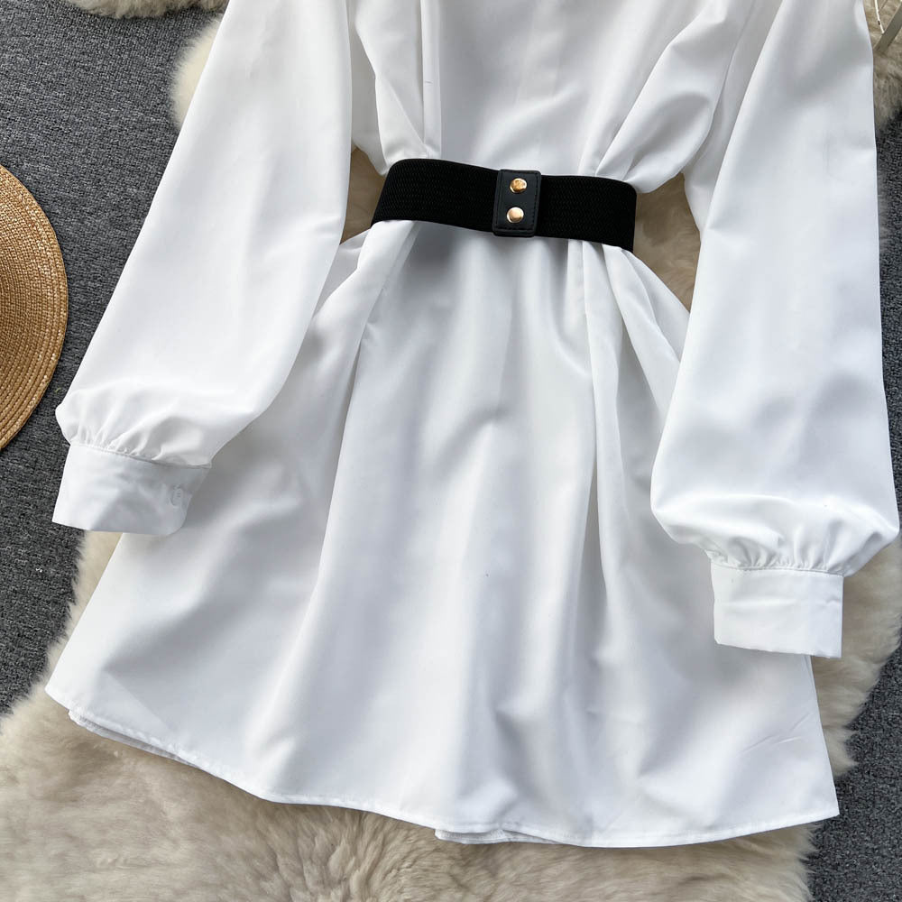 Metal Buckle White Shirt Dress