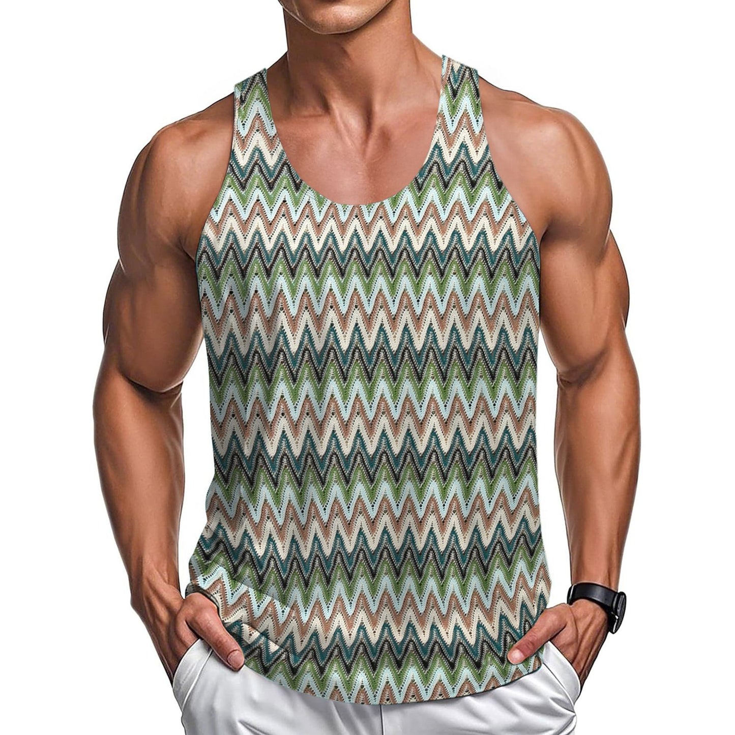 Summer Casual Men's Clothing Retro Style Contrast Color Wave Color Stripes Fabric Tank