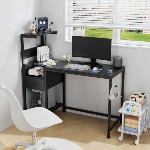 Computer Desk With Power Outlet  Storage Shelves, Study Writing Table With USB Ports Charging Station, PC Desk Workstation For Home Office, Black