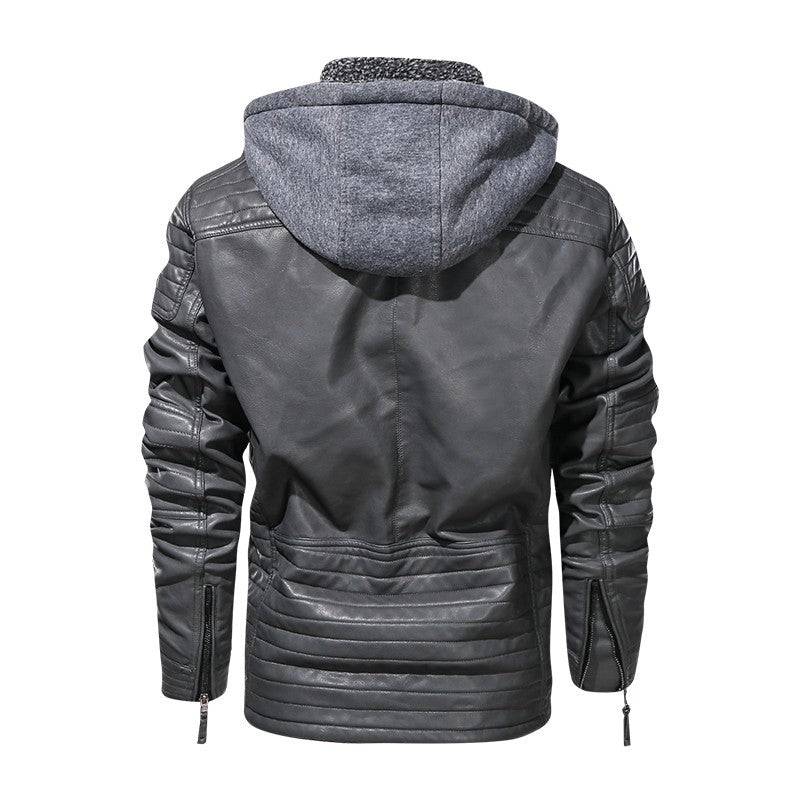 'Men's Leather Coat Hooded Cotton Addition Leather Jacket Coat